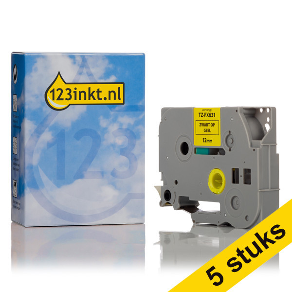 Marca 123tinta reemplaza a Brother TZe-FX631 Flexi ID cintas negras sobre amarillas de 12 mm | Pack 5 uds 650669 - 1