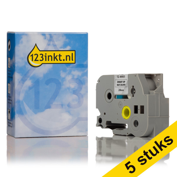 Marca 123tinta reemplaza a Pack: 5x Brother TZe-M951 cinta negra sobre plata mate 24 mm TZeM951C 650672 - 1