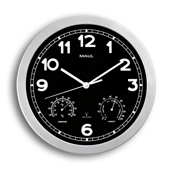 Reloj de pared de plástico radiocontrolado gris con esfera negra (Ø 30 cm)
