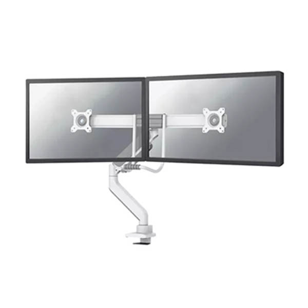 Neomounts Next Core Brazo de monitor con resorte de gas para 2 monitores, blanco (con abrazadera y pasacables de escritorio)