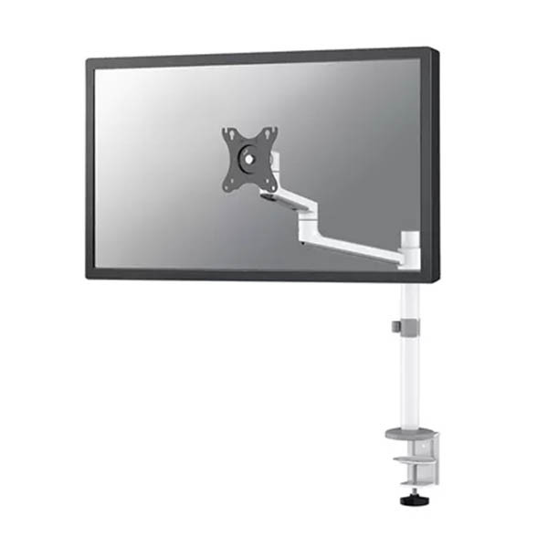 Neomounts Next Lite Brazo de monitor ahorrador de espacio para 1 monitor, color blanco (con abrazadera y pasacables de escritorio)