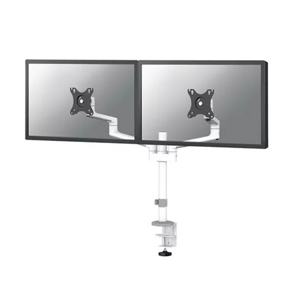 Neomounts Next Lite Brazo de monitor ahorrador de espacio para 2 monitores, blanco (con abrazadera y ojal)
