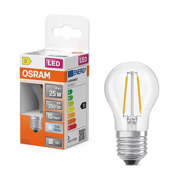 Osram Bombilla LED  E27 | Esférica P45 | Filamento | Transparente | 4000K | 1,8 W (25 W) LOS02162 - 1