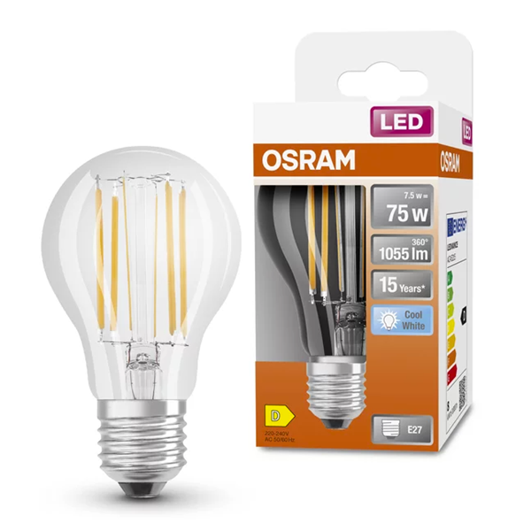 Osram Bombilla LED E27 | Pera A60 | Filamento | Transparente | 4000K | 7,5 W (75 W) LOS00082 - 1