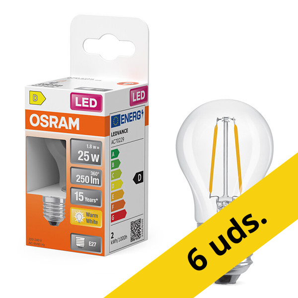 Osram Bombilla LED E27 Esférica P45 Filamento Transparente 2700K 1,8 W (25 W) | Pack 6 uds LOS01890 - 1