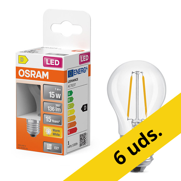 Pack: 6x Osram Bombilla LED E27 | Esférica P45 | Filamento | Transparente | 2700K | 1W (15W) LOS01886 - 1