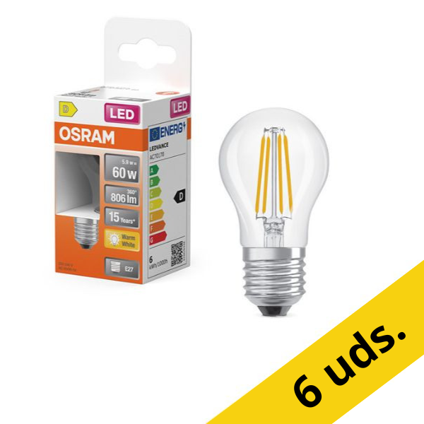 Pack: 6x Osram Bombilla LED E27 | Esférica P45 | Filamento | Transparente | 2700K | 5,5 W (60 W) LOS01242 - 1