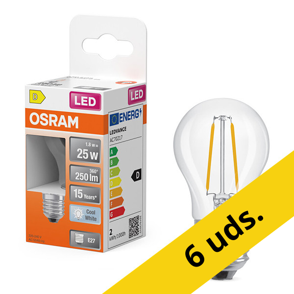 Pack: 6x Osram Bombilla LED  E27 | Esférica P45 | Filamento | Transparente | 4000K | 1,8 W (25 W) LOS02163 - 1