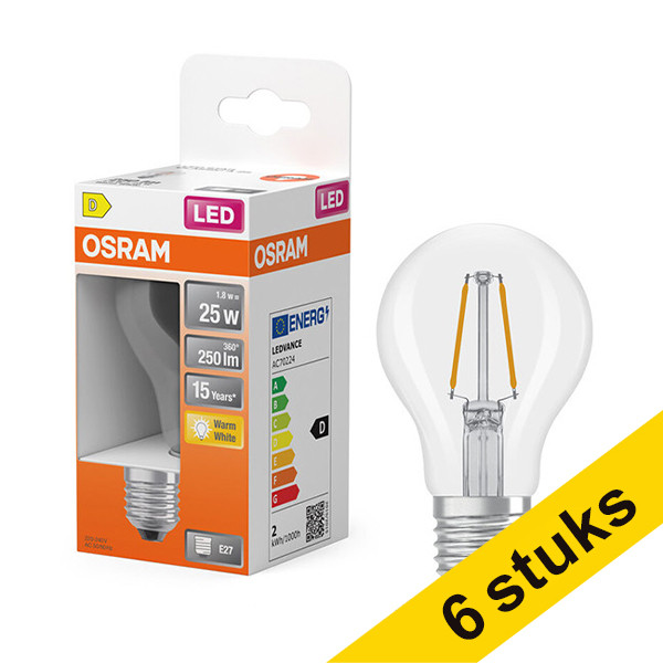 Pack: 6x Osram Bombilla LED E27 | Pera A60 | Filamento | Transparente | 2700K | 1,8 W (25 W) LOS01822 - 1