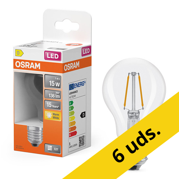Pack: 6x Osram Bombilla LED E27 | Pera A60 | Filamento | Transparente | 2700K | 1W (15W) LOS01820 - 1
