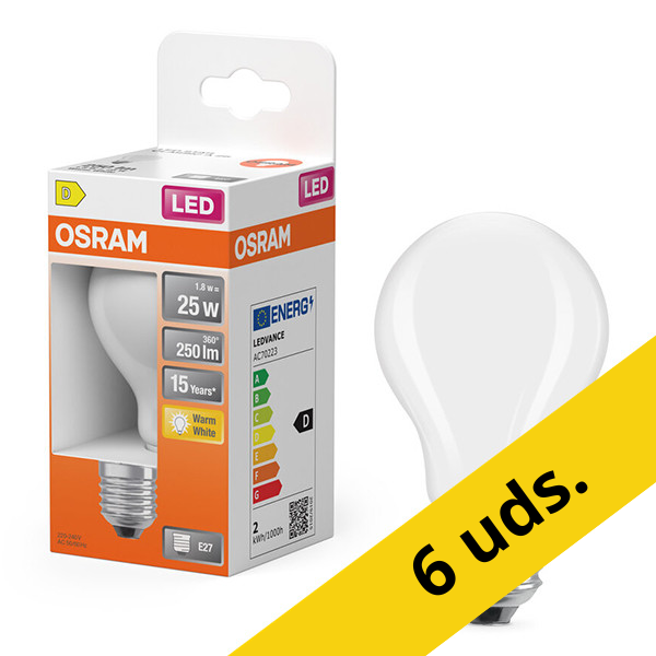 Pack: 6x Osram Bombilla LED E27 | Pera A60 | Mate | 2700K | 1,8 W (25 W) LOS01834 - 1