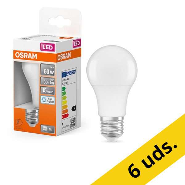 Pack: 6x Osram Bombilla LED E27 | Pera A60 | Mate | 6500K | 8W (60W) LOS01152 - 1