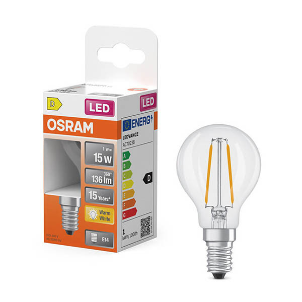 Osram bombilla LED E14 filamento transparente esférica P45 2700K de 1W (15W) LOS01887 - 1