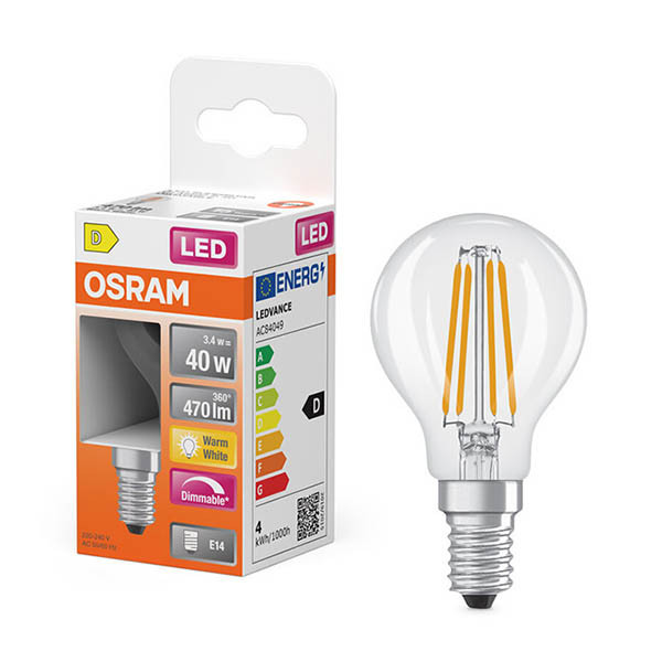 Osram bombilla LED E14 filamento transparente regulable 2700K de 3,4W (40W) LOS01873 - 1