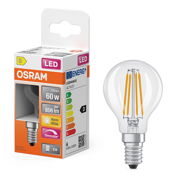 Osram bombilla LED E14 filamento transparente regulable 2700K de 5,9W (60W) LOS01223 - 1