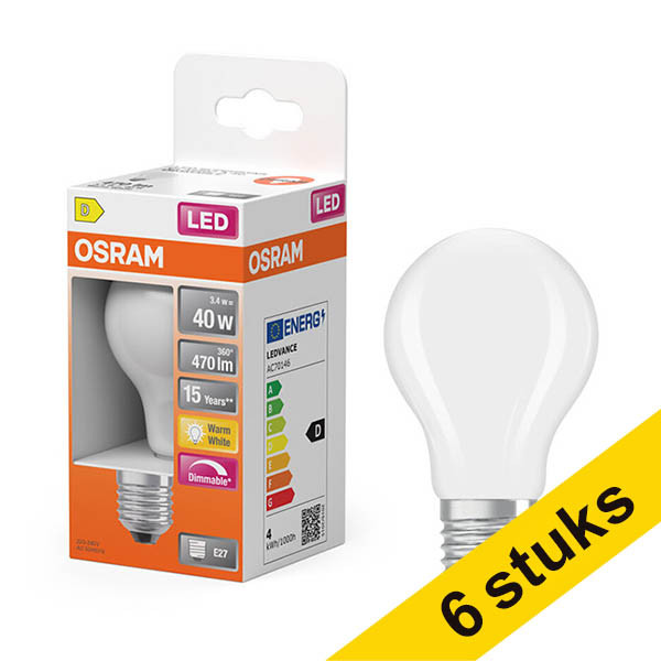 Osram bombilla LED E27 acabado mate regulable 2700K de 3,4W (40W) | Pack 6 uds LOS01812 - 2