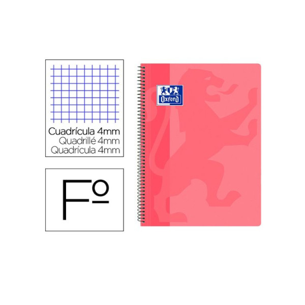 Oxford Cuaderno Espiral Folio Escolar Clásico (80H) (Cuadricula 4mm) Tapa Polipropileno - Rosa
