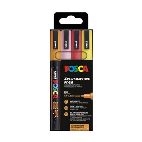 POSCA PC-3ML pack rotuladores con purpurina (redondos de 0,9 a 1,3 mm) 4 unidades