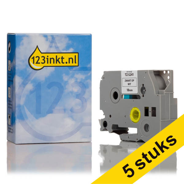 Pack: 5x 123tinta rollos de cinta adhesiva extra negra sobre blanco de 18 mm reemplazan la Brother TZe-S241. 653083 - 1