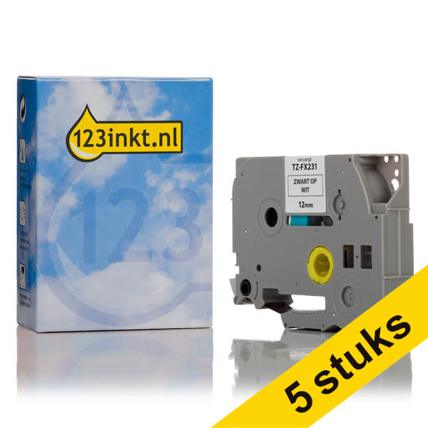 Pack: 5x 123tinta rollos de cinta adhesiva flexible Brother TZe-FX231, color negro sobre blanco, 12 mm. 653080 - 1