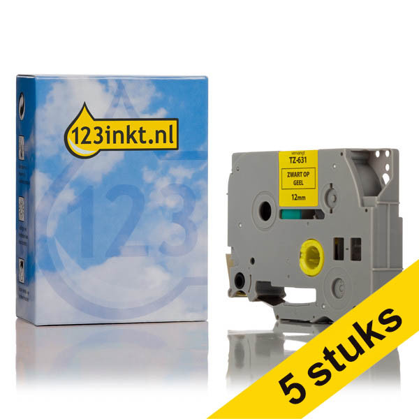 Pack: 5x 123tinta rollos de cinta reemplazan la cinta Brother TZe-631 negra sobre amarillo de 12 mm. 653077 - 1