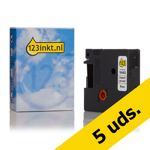 Pack: 5x Dymo S0718240/18482 IND Rhino tape poliéster permanente negro sobre blanco 9 mm (marca 123tinta) 650590 - 1