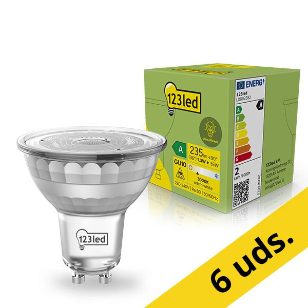 Pack: 6x 123tinta bombilla LED GU10 ultraeficiente transparente 3000K de 1.3W (35W) LDR02383 - 1