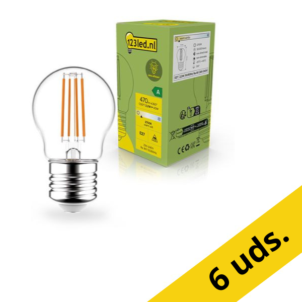 Pack: 6x Bombilla LED E27 | Bola G45 | Ultraeficiente | Filamento | Transparente | 2700K | 2,2 W (40 W) - 123tinta LDR02397 - 1