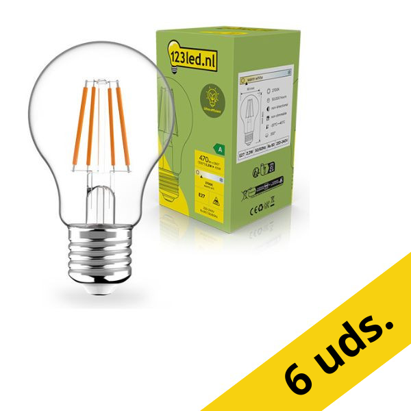 Pack: 6x Bombilla LED E27 | Pera A60 | Ultraeficiente | Filamento | Transparente | 2700 K | 2,2 W (40 W) - 123tinta LDR02399 - 1