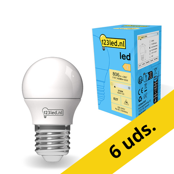 Pack: 6x Bombilla LED E27 redonda mate luz cálida (6.5W) - 123tinta LDR01811 - 1