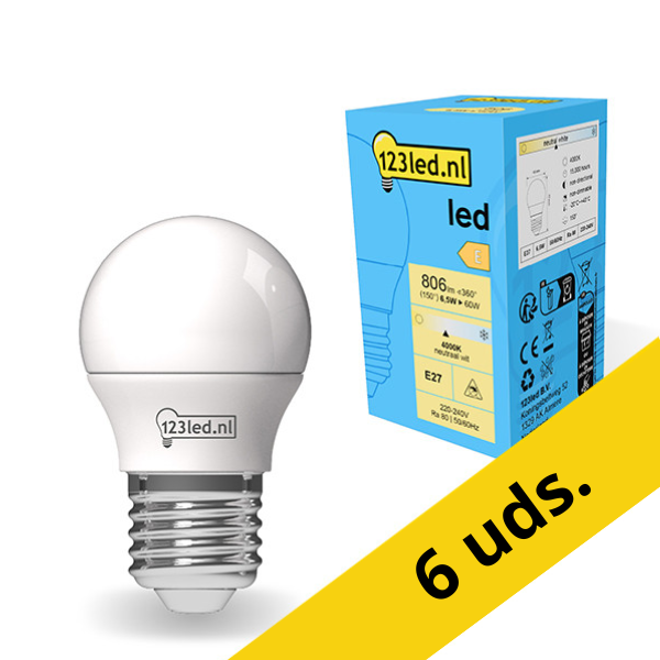 Pack: 6x Bombilla LED E27 redonda mate luz cálida (6.5W) - 123tinta LDR01813 - 1
