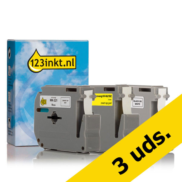 Pack 3x marca 123tinta reemplaza el pack Brother de cintas no laminadas de 9 mm (negro sobre blanco, negro sobre blanco y negro sobre amarillo) MK221BZC MK221SBZC MK621BZC 089299 - 1