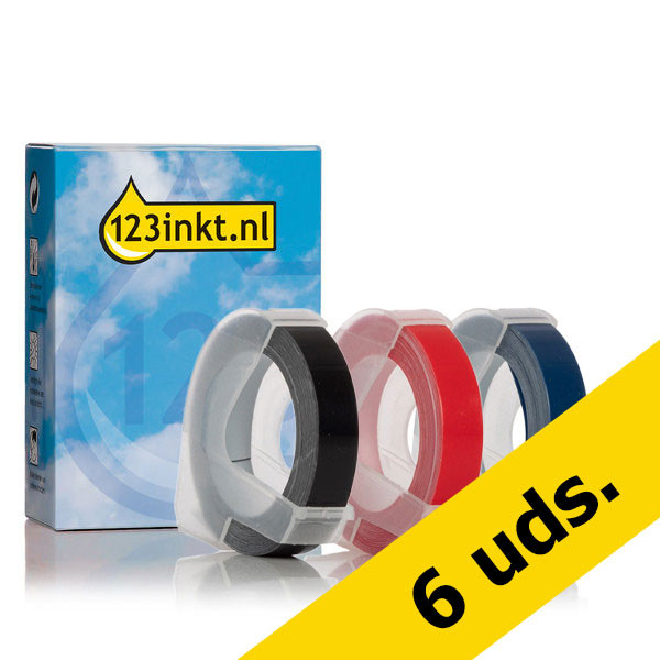 Pack 6x marca 123tinta reemplaza el pack Dymo de cintas en relieve de 9 mm (blanco sobre negro, blanco sobre rojo y blanco sobre azul) S0898130C S0898140C S0898150C 089298 - 1