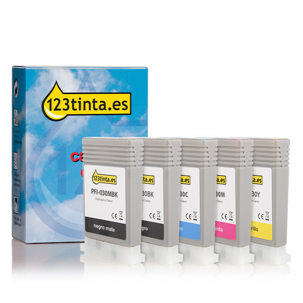 Pack Canon: PFI-030 MBK, BK, C, M, Y 2 negro + 3 colores (marca 123tinta)  130745 - 1