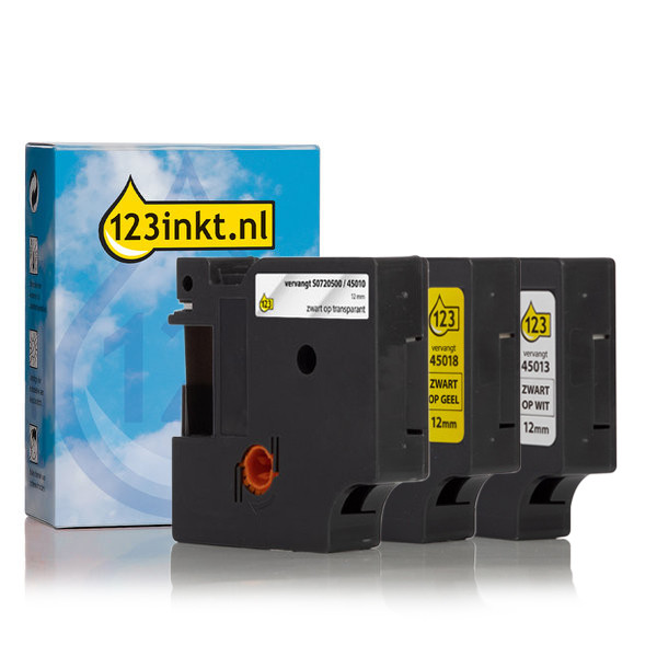 Pack Dymo D1 cinta múltiple de 12 mm (marca 123tinta) S0720500C S0720530C S0720580C 089225 - 1