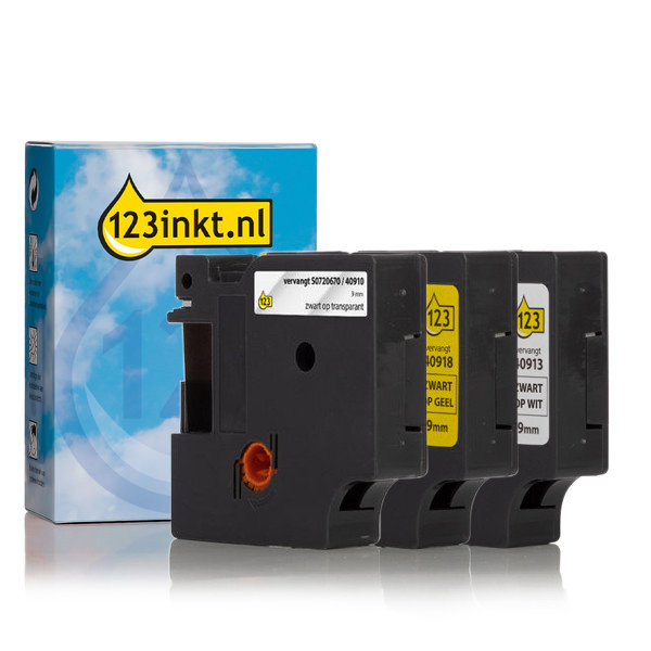 Pack Dymo D1 paquete múltiple de cinta de 9 mm (marca 123tinta) S0720670C S0720680C S0720730C 089229 - 1