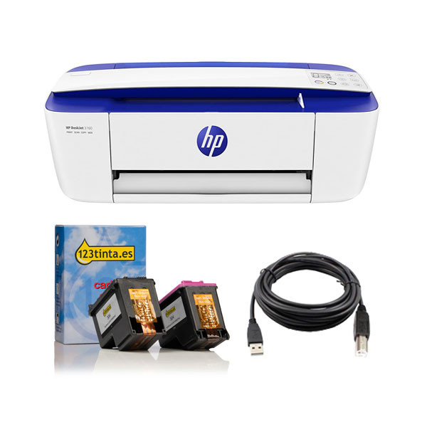 Pack Impresora HP Deskjet 3760 + cartuchos 123tinta + cable HP