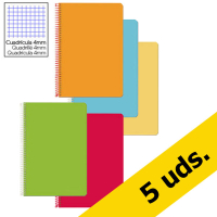 Pack ahorro: x5 Cuaderno espiral A4 cuadrícula 4mm 75g (Tapa Dura) - 5 colores