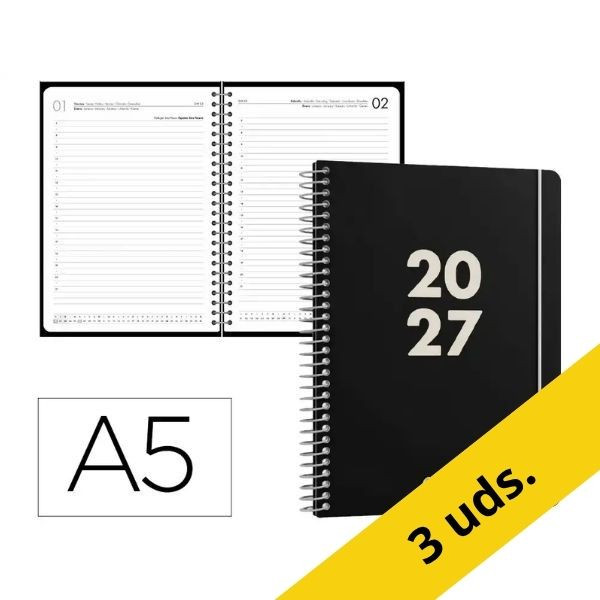 Pack x3: Agenda 2027 A5 espiral día vista negra 427654 - 1