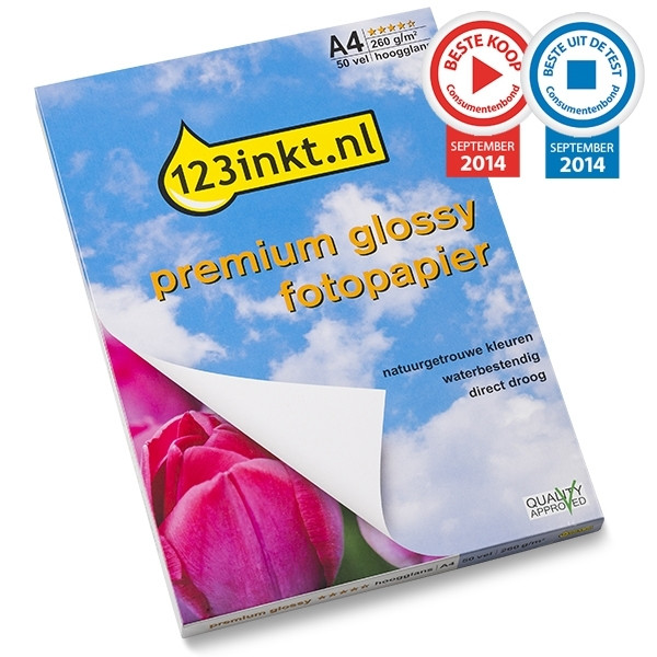 Papel fotográfico de alto brillo Premium Glossy 260 gramos A4 (50 hojas) (marca 123tinta)  064120 - 1