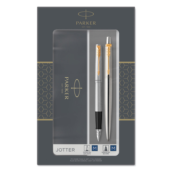 Parker Jotter Set de acero inoxidable con bolígrafo y pluma estilográfica color oro (tinta azul) 214047 - 1