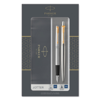 Parker Jotter Set de acero inoxidable con bolígrafo y pluma estilográfica color oro (tinta azul) 214047
