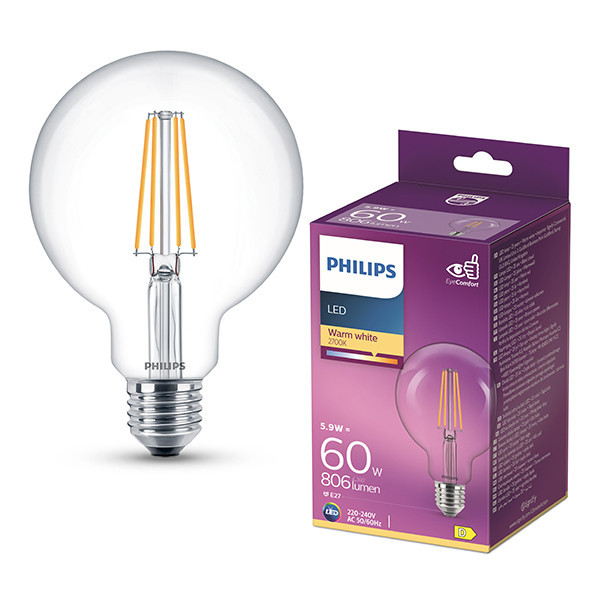 Philips Bombilla LED E27 | Globo G95 | Filamento | Transparente | 2700K | 5,9 W (60 W) LPH04251 - 1