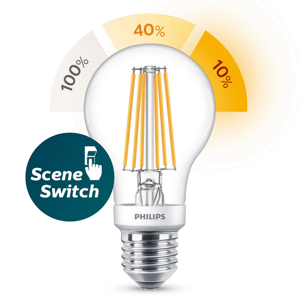 Philips Bombilla LED E27 SceneSwitch filamento luz cálida (7,5W)