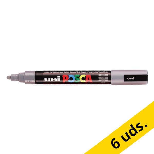 Pack: 6x Rotulador de pintura POSCA PC-5M gris (redondo 1,8 - 2,5 mm) 424366 - 1
