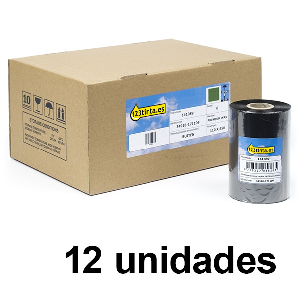 Zebra 2100 Pack ahorro x12 cinta de cera (02100BK11045) 110 mm x 450 m (marca 123tinta) 02100BK11045C 141531 - 1