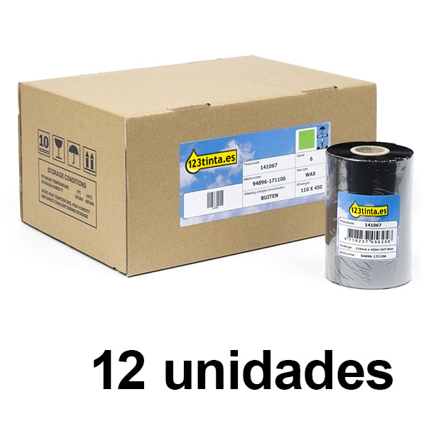 Zebra 2300 Pack ahorro x12 cinta de cera (02300BK11045) 110 mm x 450 m (marca 123tinta) 02300BK11045C 141530 - 1