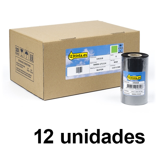 Zebra 2300 Pack ahorro x12 cinta de cera (02300GT11030) 110 mm x 300 m (marca 123tinta) 02300GT11030C 141534 - 1