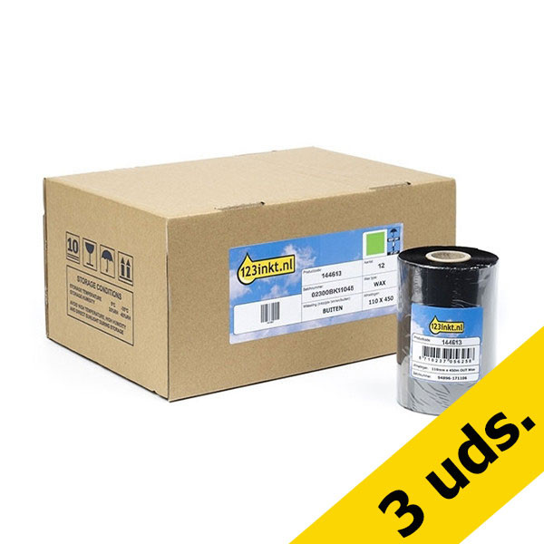 Zebra 2300 cinta encerada (02300BK11045) 110 mm x 450 m (12 cintas) (marca 123tinta) | Pack 3 uds 650727 - 1