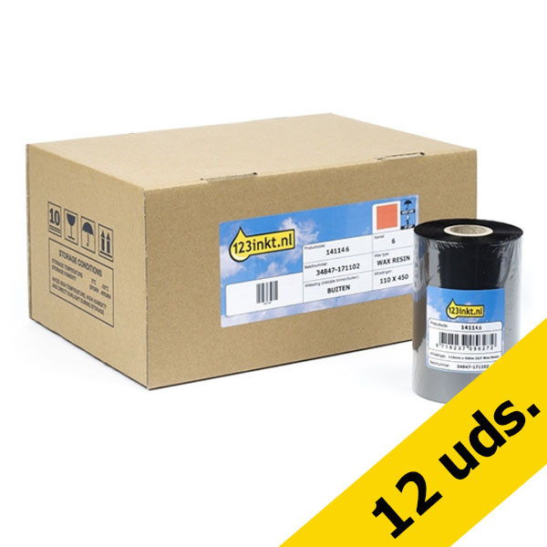 Zebra 3200 Cinta de cera/resina (03200BK11045) 110 mm x 450 m (12 cintas) (marca 123tinta) 03200BK11045C 144616 - 1